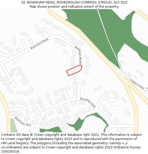 32, BOWNHAM MEAD, RODBOROUGH COMMON, STROUD, GL5 5DZ: Location map and indicative extent of plot