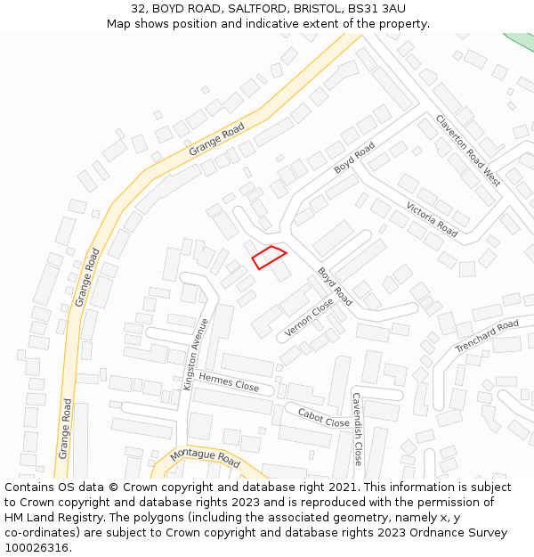 32, BOYD ROAD, SALTFORD, BRISTOL, BS31 3AU: Location map and indicative extent of plot
