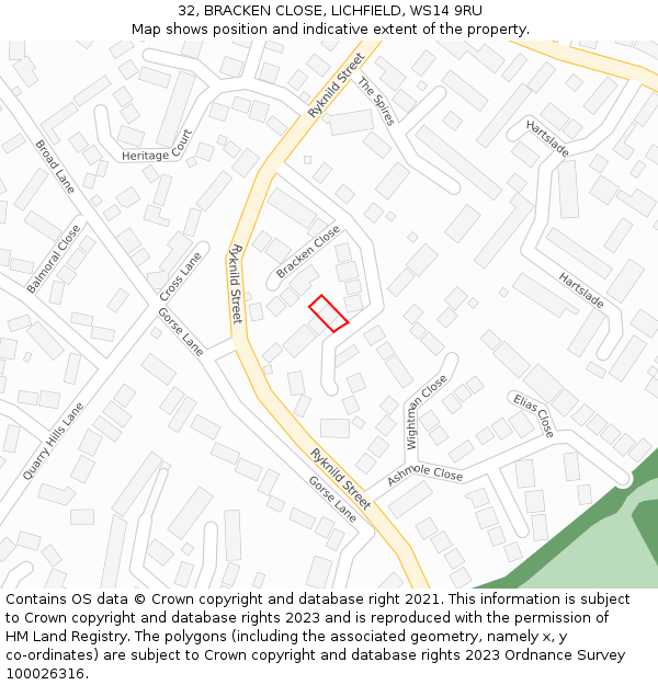 32, BRACKEN CLOSE, LICHFIELD, WS14 9RU: Location map and indicative extent of plot
