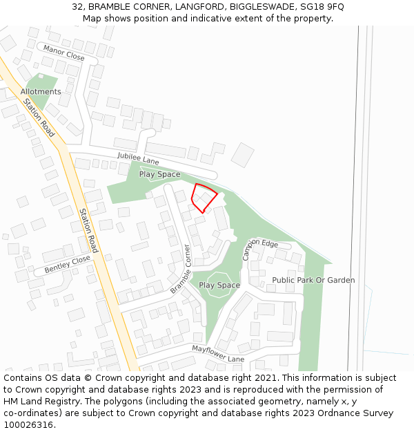 32, BRAMBLE CORNER, LANGFORD, BIGGLESWADE, SG18 9FQ: Location map and indicative extent of plot