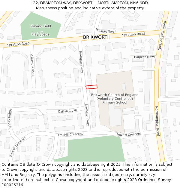 32, BRAMPTON WAY, BRIXWORTH, NORTHAMPTON, NN6 9BD: Location map and indicative extent of plot