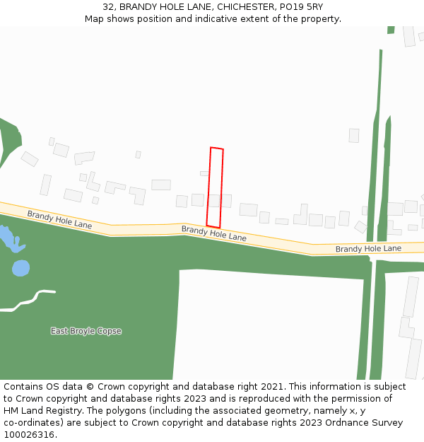32, BRANDY HOLE LANE, CHICHESTER, PO19 5RY: Location map and indicative extent of plot