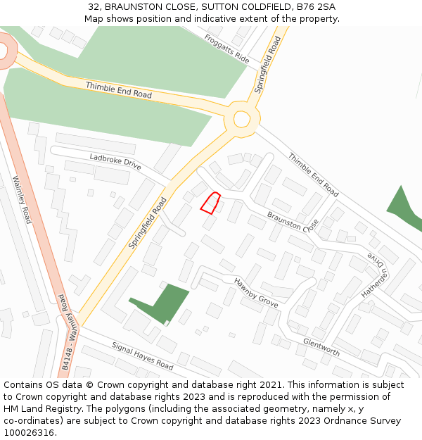 32, BRAUNSTON CLOSE, SUTTON COLDFIELD, B76 2SA: Location map and indicative extent of plot