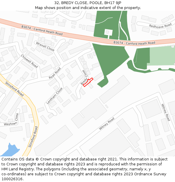 32, BREDY CLOSE, POOLE, BH17 9JP: Location map and indicative extent of plot