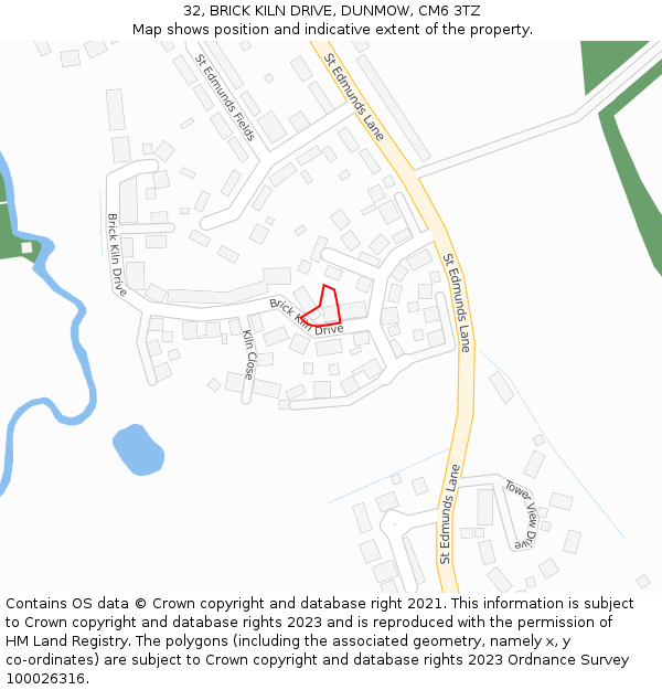 32, BRICK KILN DRIVE, DUNMOW, CM6 3TZ: Location map and indicative extent of plot