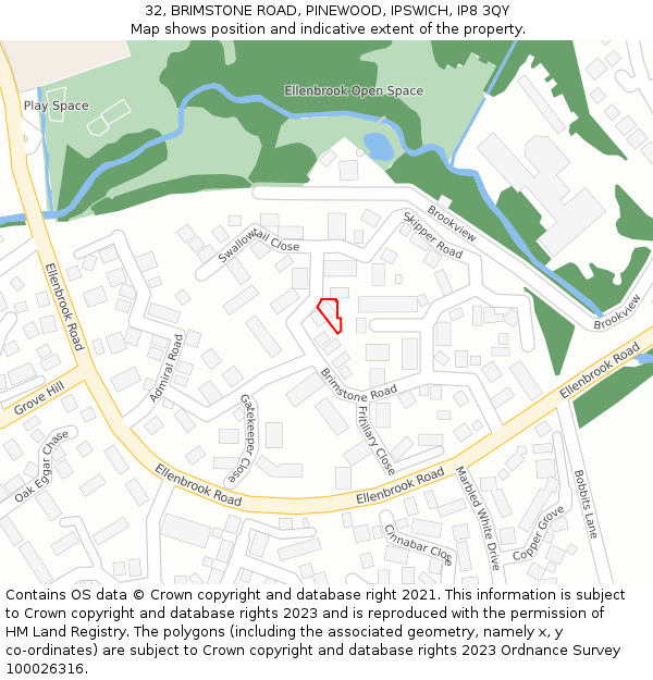 32, BRIMSTONE ROAD, PINEWOOD, IPSWICH, IP8 3QY: Location map and indicative extent of plot