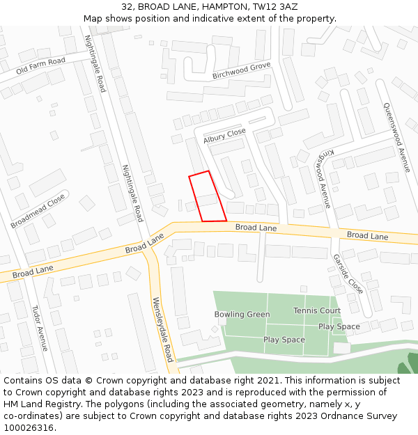 32, BROAD LANE, HAMPTON, TW12 3AZ: Location map and indicative extent of plot