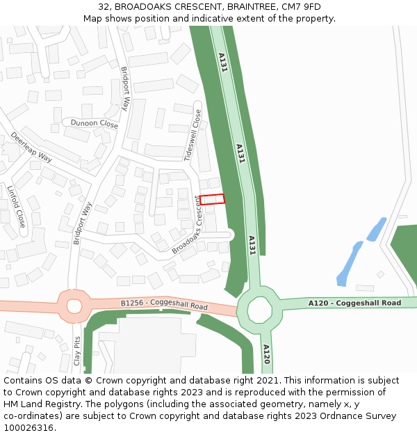 32, BROADOAKS CRESCENT, BRAINTREE, CM7 9FD: Location map and indicative extent of plot
