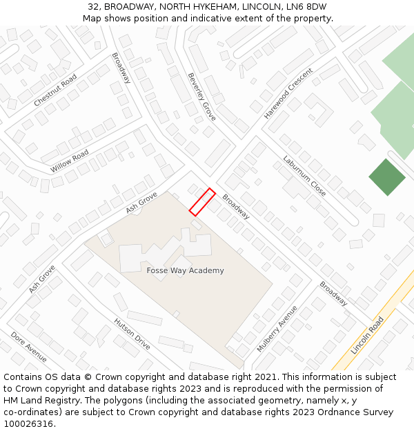 32, BROADWAY, NORTH HYKEHAM, LINCOLN, LN6 8DW: Location map and indicative extent of plot