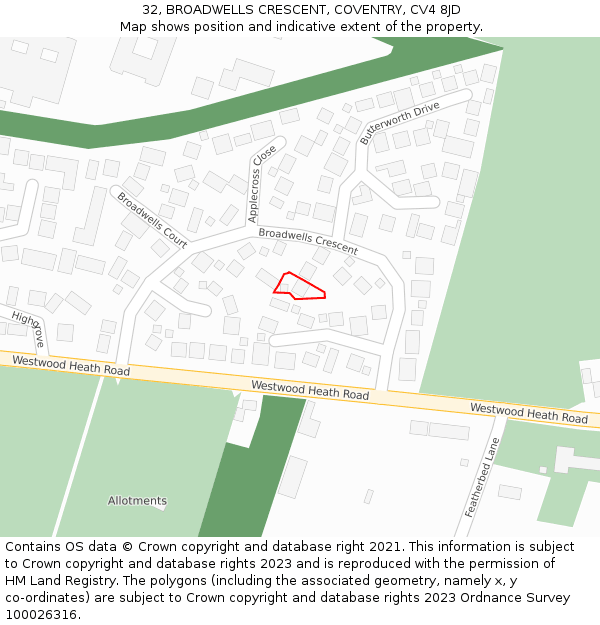 32, BROADWELLS CRESCENT, COVENTRY, CV4 8JD: Location map and indicative extent of plot