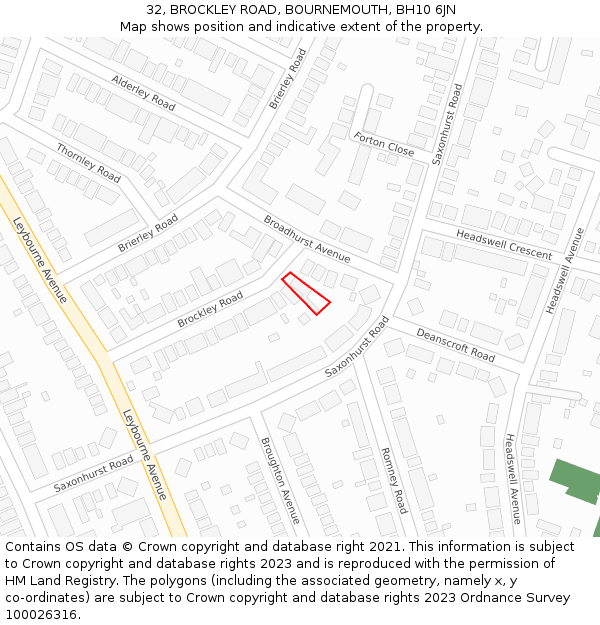 32, BROCKLEY ROAD, BOURNEMOUTH, BH10 6JN: Location map and indicative extent of plot