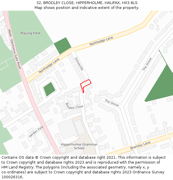32, BRODLEY CLOSE, HIPPERHOLME, HALIFAX, HX3 8LS: Location map and indicative extent of plot