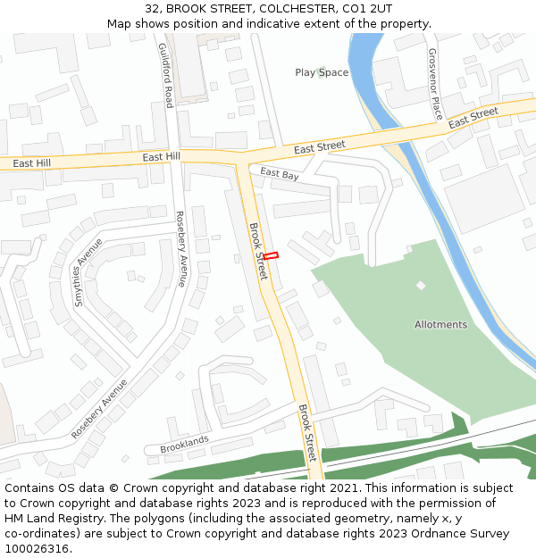 32, BROOK STREET, COLCHESTER, CO1 2UT: Location map and indicative extent of plot