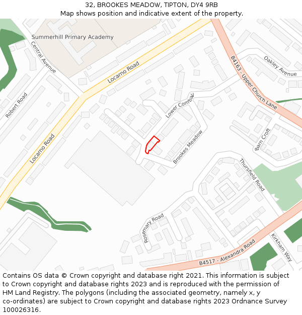32, BROOKES MEADOW, TIPTON, DY4 9RB: Location map and indicative extent of plot
