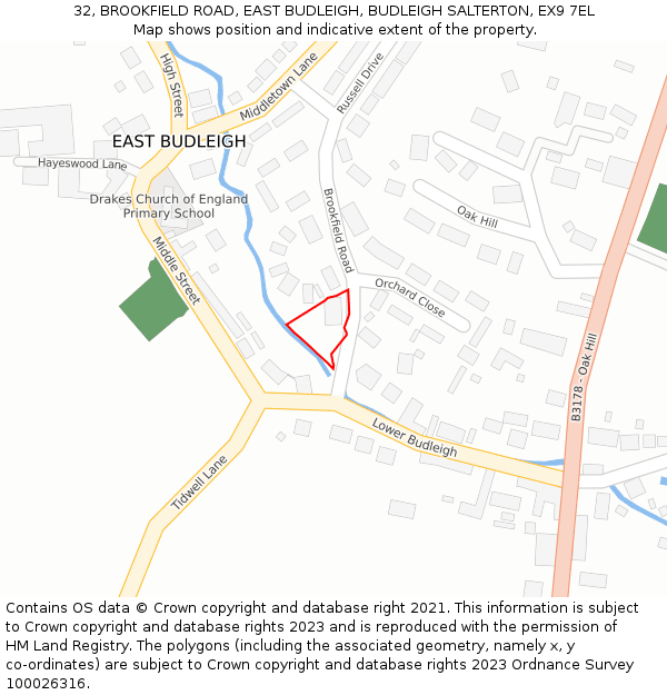 32, BROOKFIELD ROAD, EAST BUDLEIGH, BUDLEIGH SALTERTON, EX9 7EL: Location map and indicative extent of plot