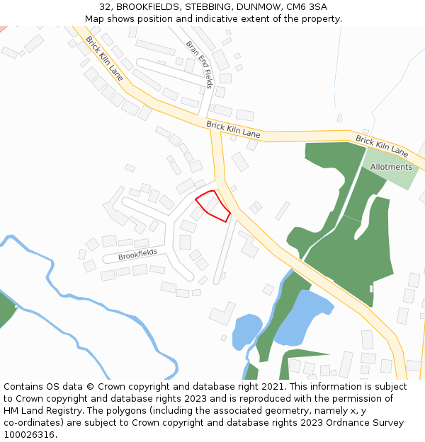 32, BROOKFIELDS, STEBBING, DUNMOW, CM6 3SA: Location map and indicative extent of plot