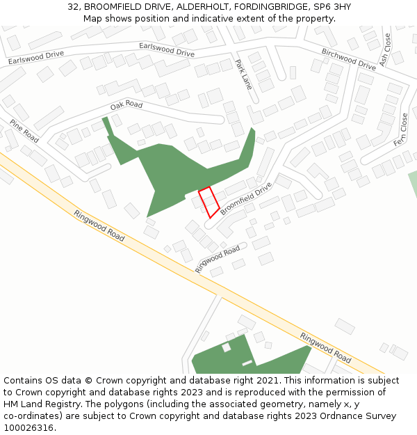 32, BROOMFIELD DRIVE, ALDERHOLT, FORDINGBRIDGE, SP6 3HY: Location map and indicative extent of plot