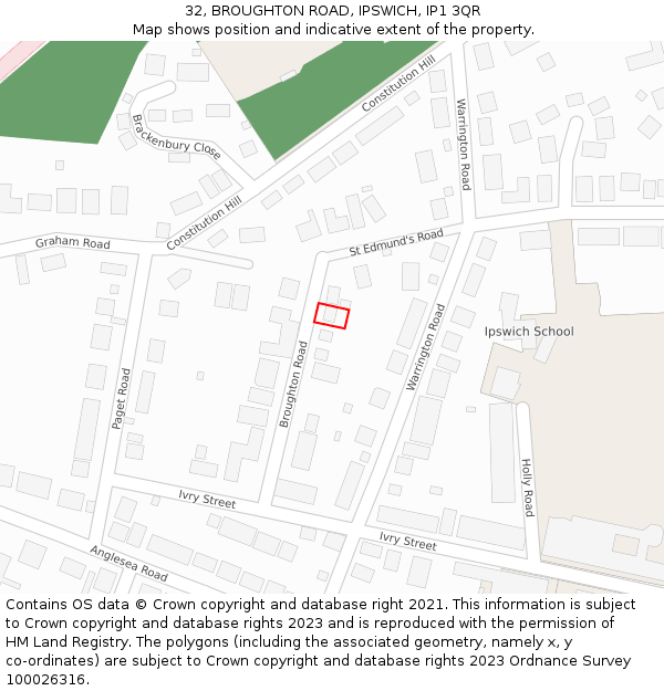 32, BROUGHTON ROAD, IPSWICH, IP1 3QR: Location map and indicative extent of plot