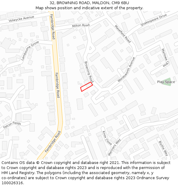 32, BROWNING ROAD, MALDON, CM9 6BU: Location map and indicative extent of plot