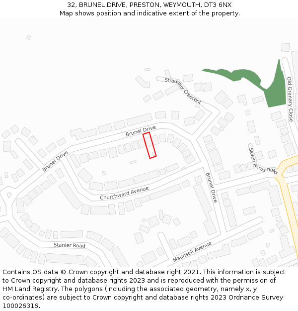 32, BRUNEL DRIVE, PRESTON, WEYMOUTH, DT3 6NX: Location map and indicative extent of plot