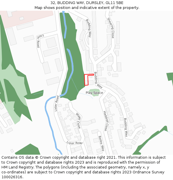 32, BUDDING WAY, DURSLEY, GL11 5BE: Location map and indicative extent of plot