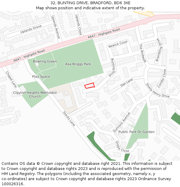 32, BUNTING DRIVE, BRADFORD, BD6 3XE: Location map and indicative extent of plot