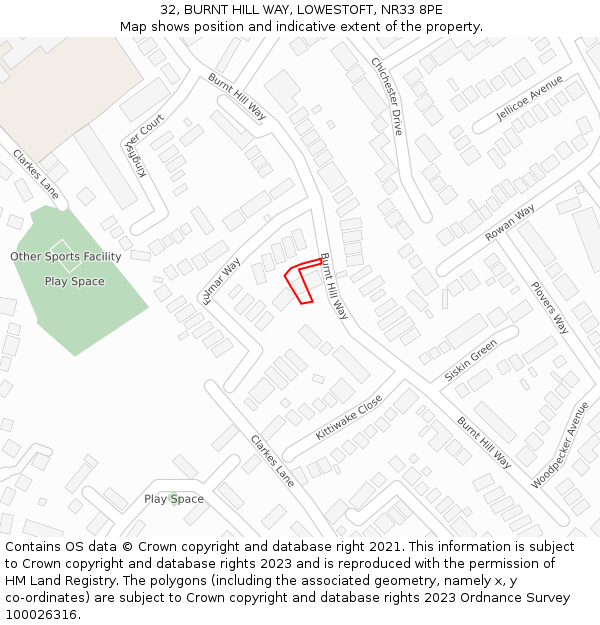 32, BURNT HILL WAY, LOWESTOFT, NR33 8PE: Location map and indicative extent of plot