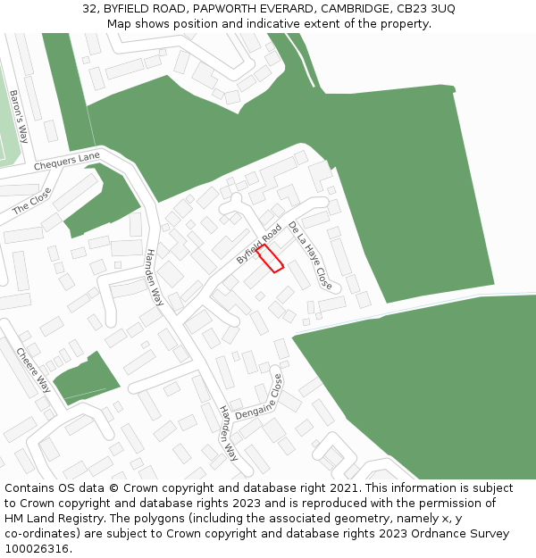 32, BYFIELD ROAD, PAPWORTH EVERARD, CAMBRIDGE, CB23 3UQ: Location map and indicative extent of plot