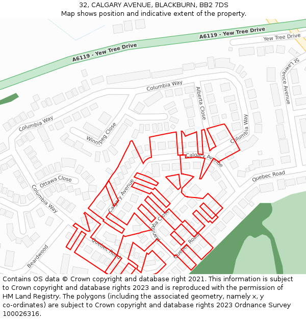 32, CALGARY AVENUE, BLACKBURN, BB2 7DS: Location map and indicative extent of plot