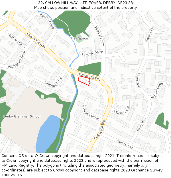 32, CALLOW HILL WAY, LITTLEOVER, DERBY, DE23 3RJ: Location map and indicative extent of plot