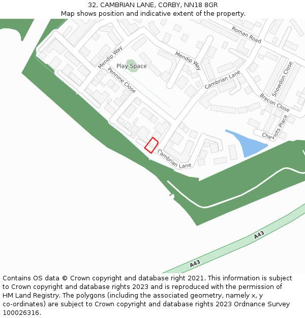 32, CAMBRIAN LANE, CORBY, NN18 8GR: Location map and indicative extent of plot