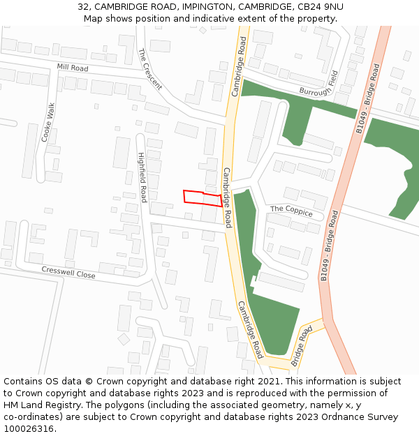 32, CAMBRIDGE ROAD, IMPINGTON, CAMBRIDGE, CB24 9NU: Location map and indicative extent of plot