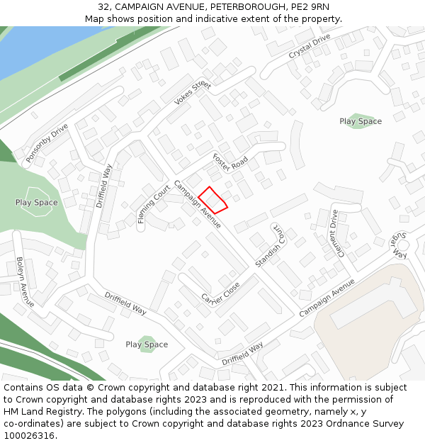 32, CAMPAIGN AVENUE, PETERBOROUGH, PE2 9RN: Location map and indicative extent of plot