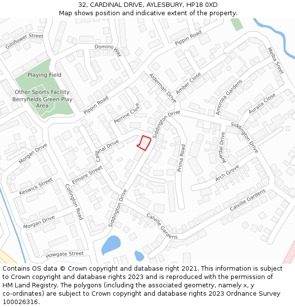 32, CARDINAL DRIVE, AYLESBURY, HP18 0XD: Location map and indicative extent of plot