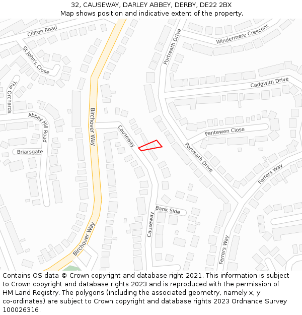 32, CAUSEWAY, DARLEY ABBEY, DERBY, DE22 2BX: Location map and indicative extent of plot