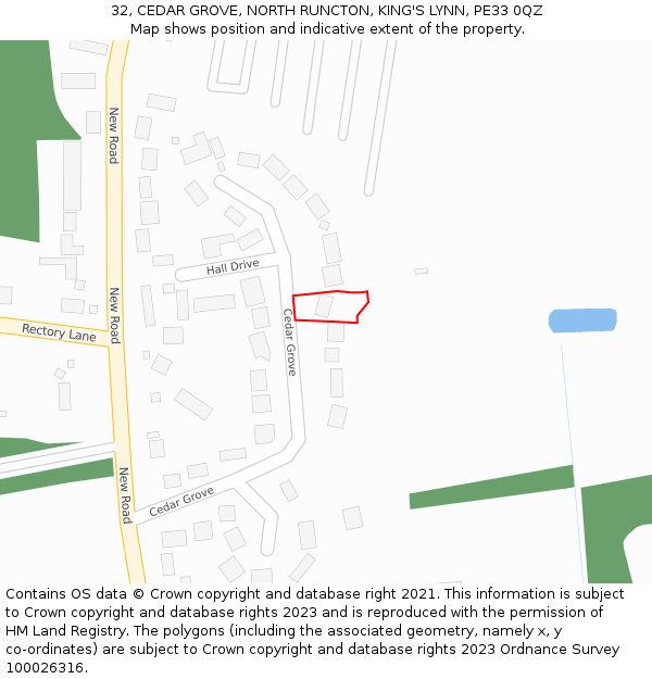32, CEDAR GROVE, NORTH RUNCTON, KING'S LYNN, PE33 0QZ: Location map and indicative extent of plot