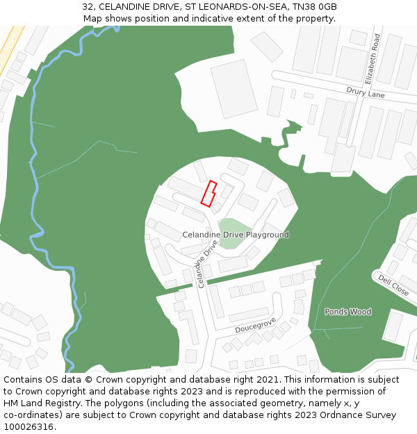 32, CELANDINE DRIVE, ST LEONARDS-ON-SEA, TN38 0GB: Location map and indicative extent of plot