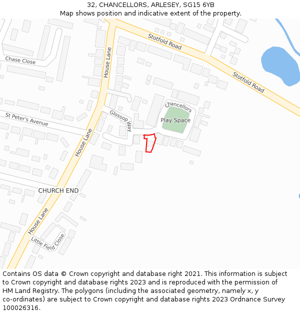 32, CHANCELLORS, ARLESEY, SG15 6YB: Location map and indicative extent of plot