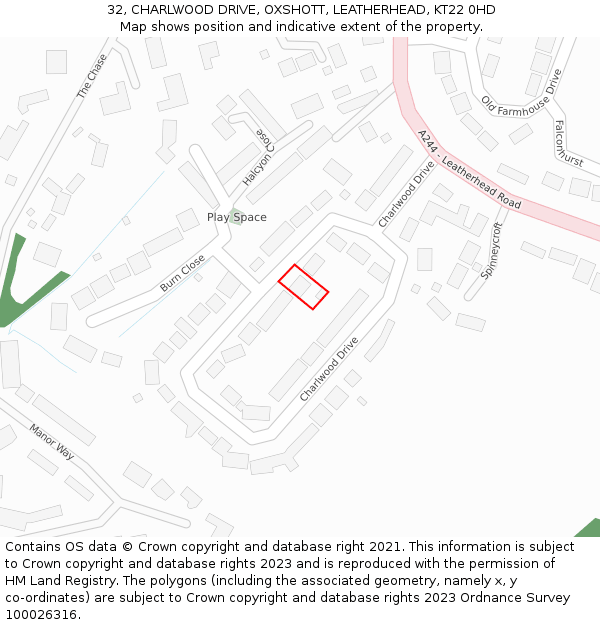 32, CHARLWOOD DRIVE, OXSHOTT, LEATHERHEAD, KT22 0HD: Location map and indicative extent of plot