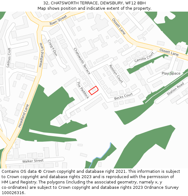 32, CHATSWORTH TERRACE, DEWSBURY, WF12 8BH: Location map and indicative extent of plot