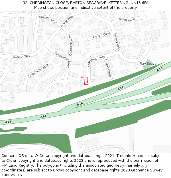 32, CHEDINGTON CLOSE, BARTON SEAGRAVE, KETTERING, NN15 6FA: Location map and indicative extent of plot