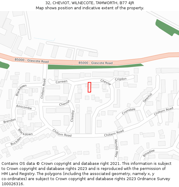 32, CHEVIOT, WILNECOTE, TAMWORTH, B77 4JR: Location map and indicative extent of plot