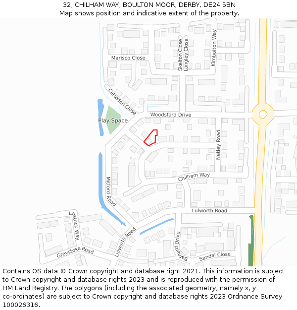 32, CHILHAM WAY, BOULTON MOOR, DERBY, DE24 5BN: Location map and indicative extent of plot