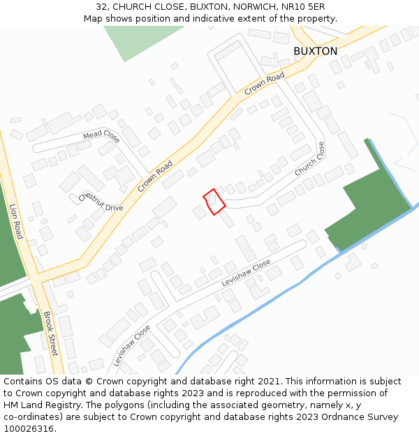 32, CHURCH CLOSE, BUXTON, NORWICH, NR10 5ER: Location map and indicative extent of plot