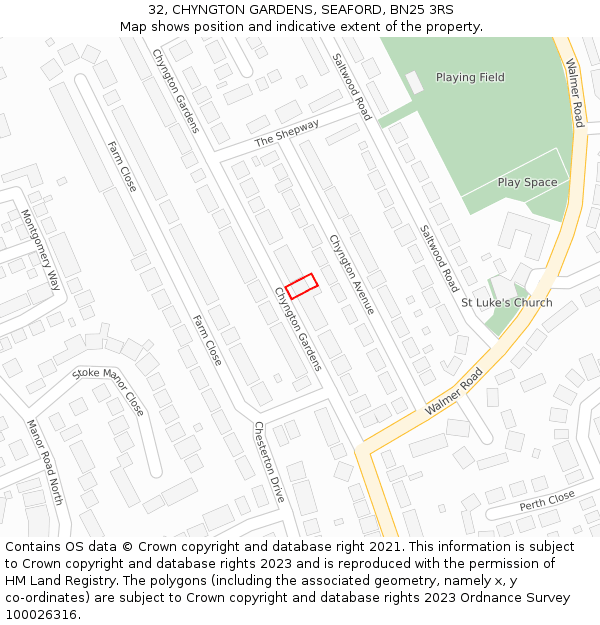 32, CHYNGTON GARDENS, SEAFORD, BN25 3RS: Location map and indicative extent of plot