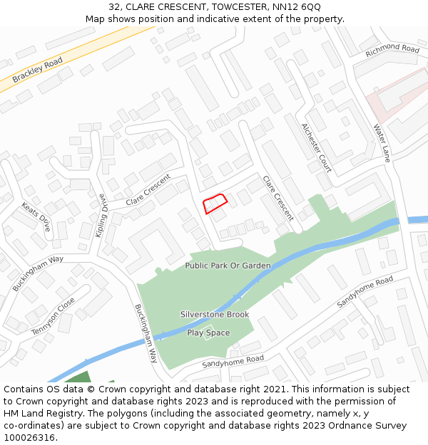 32, CLARE CRESCENT, TOWCESTER, NN12 6QQ: Location map and indicative extent of plot