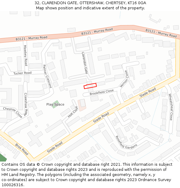 32, CLARENDON GATE, OTTERSHAW, CHERTSEY, KT16 0GA: Location map and indicative extent of plot