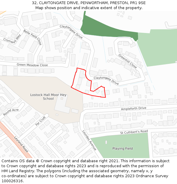 32, CLAYTONGATE DRIVE, PENWORTHAM, PRESTON, PR1 9SE: Location map and indicative extent of plot