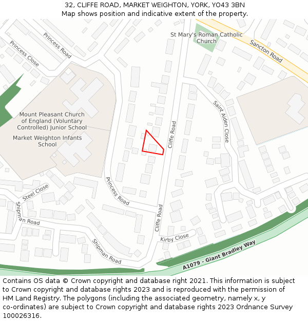 32, CLIFFE ROAD, MARKET WEIGHTON, YORK, YO43 3BN: Location map and indicative extent of plot