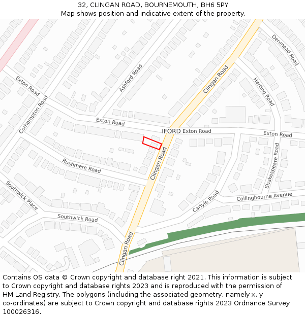32, CLINGAN ROAD, BOURNEMOUTH, BH6 5PY: Location map and indicative extent of plot